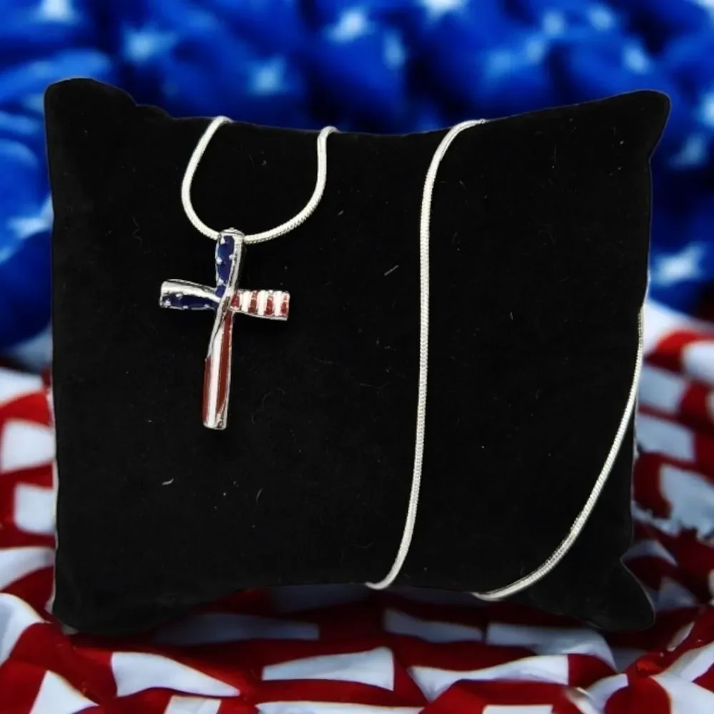 American Flag Cross Pendant Necklace Patriotic USA Stars Stripes Silver Chain 18